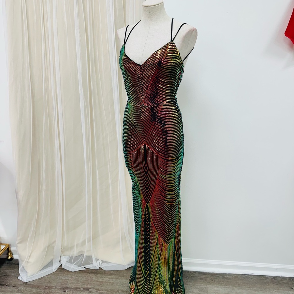 NYE Iridescent Sequin Open Back Evening Dress Gown Sz Small